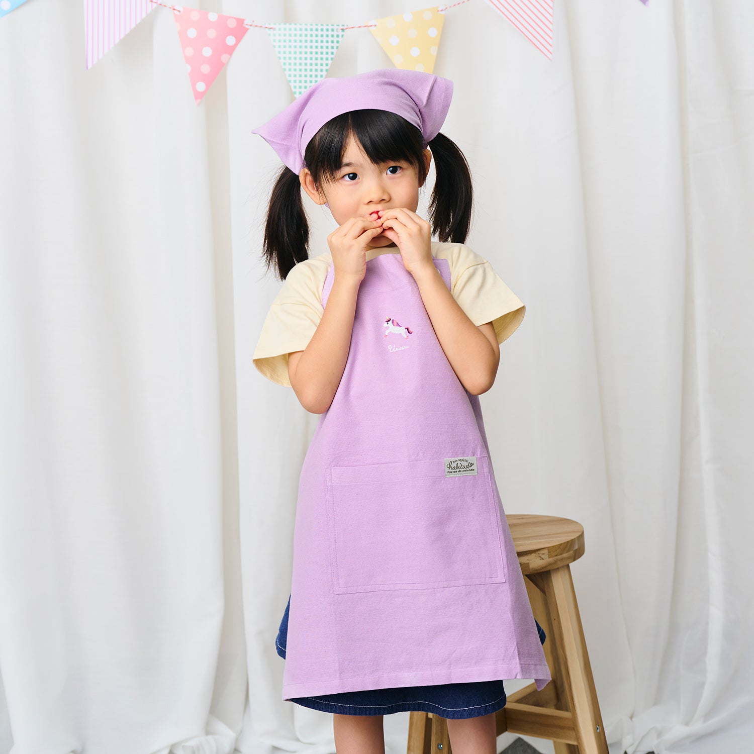 キッズエプロン 三角巾 エプロン 130～140 ラベンダー色のエプロン