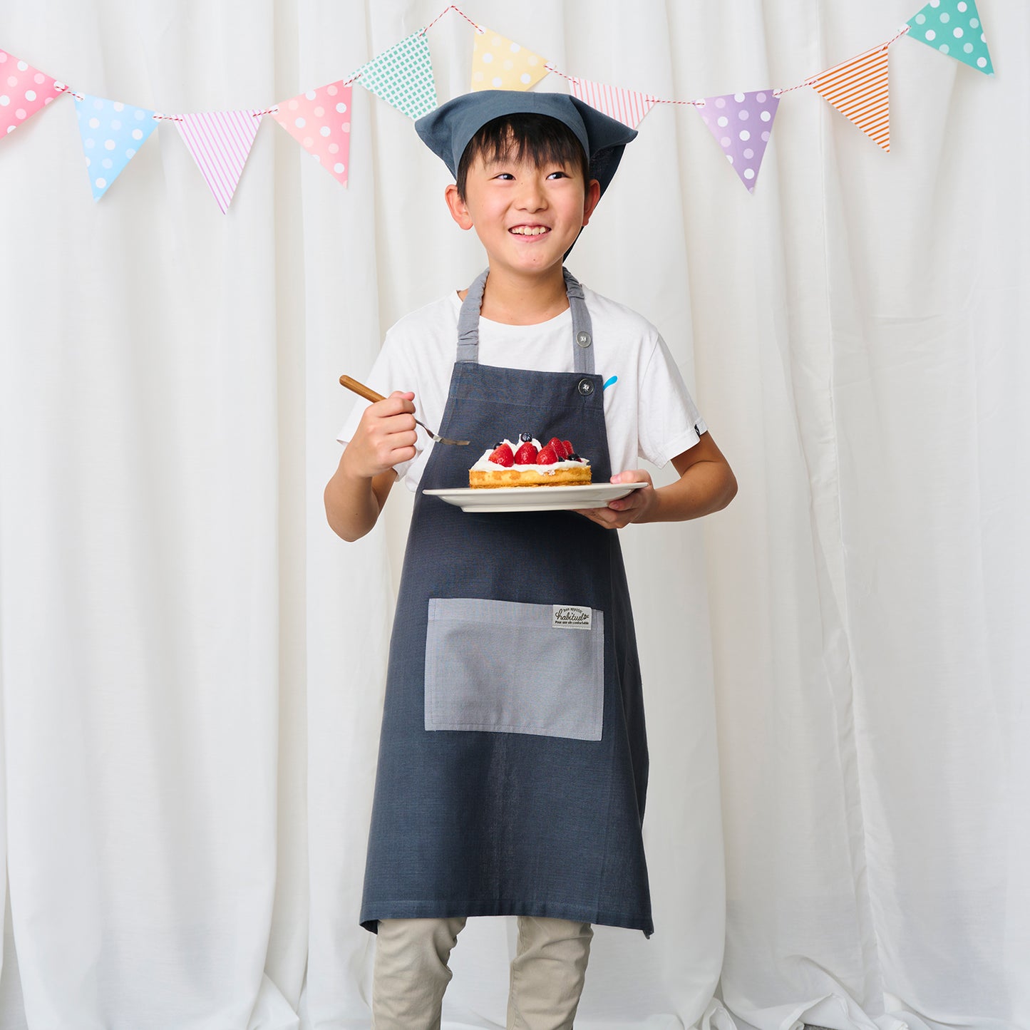 アビチュアル バンダナ・巾着付きキッズエプロンセット Lサイズ（130～150cm） メイト ライトグレー